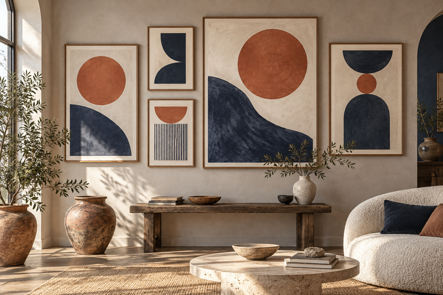 gallery wall of original abstract art prints with terracotta circles, navy shapes and cream paper, no text, editorial interior